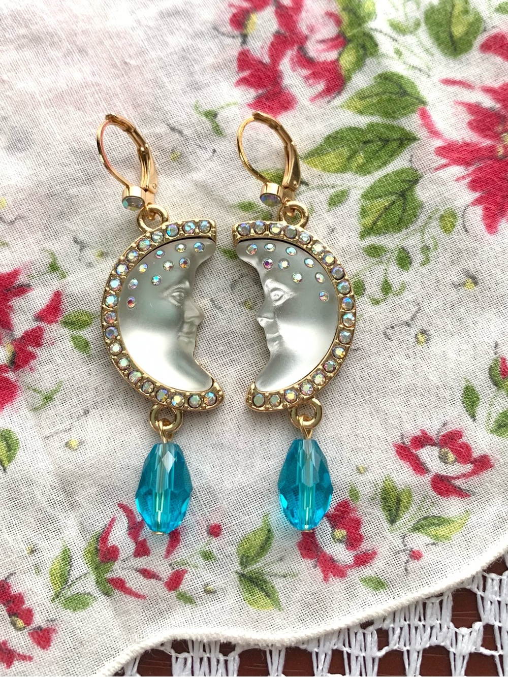 Kirks Folly White Crescent Moon Face Dangling Blue Drop Earrings